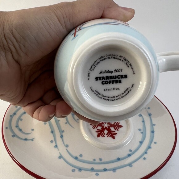 Starbucks Holiday 2007 Coffee Tea Cup & Snack Plate Skiing Snowman Penguin 6 oz - Picture 4 of 5